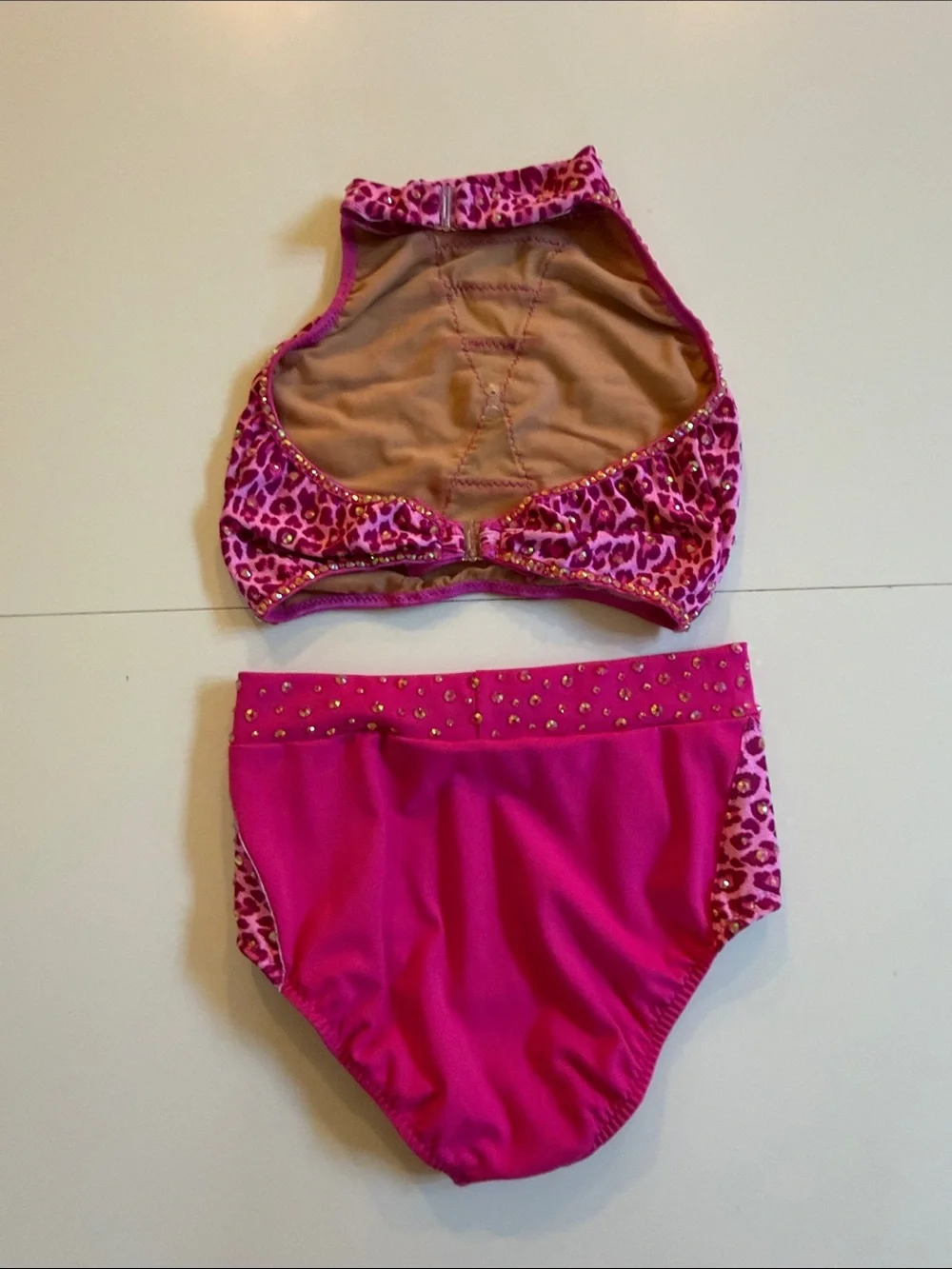 Girls Pink Leopard Dance Costume Set with Jewel Accents